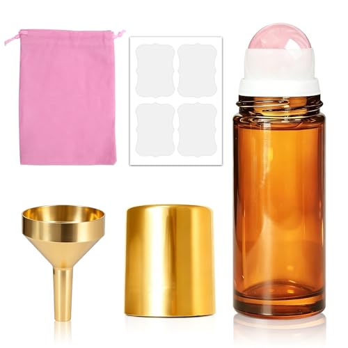 Cocurb 1oz Rose Quartz Roller Bottle for Castor Oil Essential Oils and Skincare DIY Refillable Leak-Proof Amber Glass Roll on Bottle Empty Deodorant Container with Gold Cap&Storage Bag