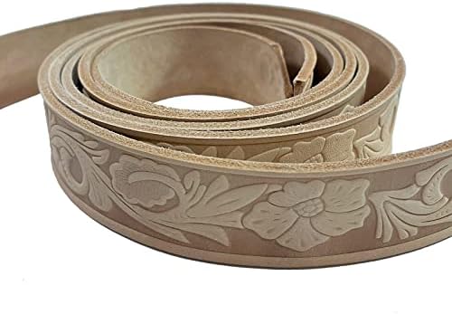 KIDENEI 1.5"x45" Import Leather Strap with Pattern Engraving, 9-10 oz (3.6-4.0mm) Italy A Grade Vegetable Tanned Full Grain Leather Belt, Carving Leather Strip Ideal for DIY Belts (Floral Pattern)