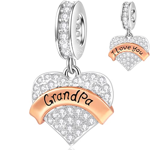 Ti Amo Nonno Charms Ciondolo si adatta Pandora Festa del Papà Collana/Braccialetto, 925 Argento Sterling Pave Scintillio Chiaro CZ Cuore Grandpa Ciondolo Perline, Regali per il Nonno/Nonni/Compleanno