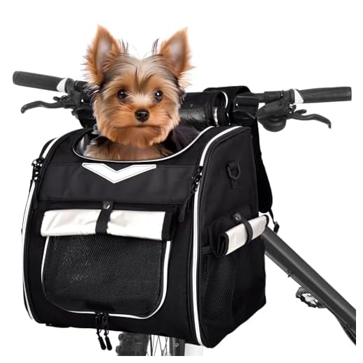 VENFOREST Dog Bike Basket, Foldable Pet Bike Carrier Backpack with Safety Strap, Waterproof Pet Bike Basket Suitable for Small Cats Kitten Puppy Dogs （New Black）