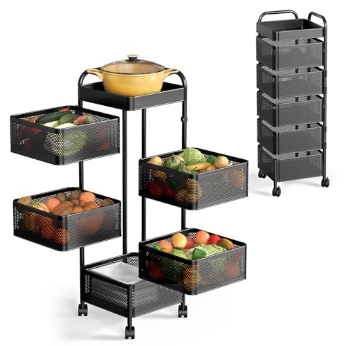 Warmiehomy Rotating Storage Rack 5 Tier Rectangular Vegetable Rack Fruit Basket Rack Kitchen Storage Trolley Rotating Storage Shelves for Corner Organisation