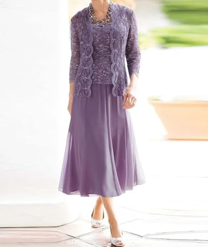 2 Pieces Mother of The Bride Dresses for Wedding Laces Chiffon Tea Length Formal Evening Dresses with Jackets2