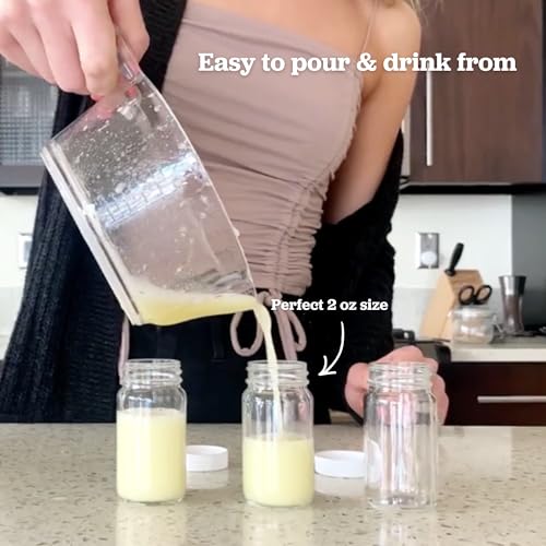 Image of Juice Shot Bottles Set - Wide Mouth for Juicing, Beverage Storage, Liquids, 2 oz, Clear Glass with White Caps, Reusable, Leak Proof, Jars (16 pack)