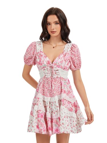 hibshaby Women's Floral Patchwork Dress V Neck Lace Layered Ruffle Flowy Babydoll Dress Puff Sleeve Tiered Mini Sundress4