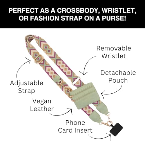 Image of Save the Girls Original Clip and Go Phone Strap Original (Green /Purple Pattern - Green Pouch) - Crossbody Phone Strap Chain with Zipper Wallet Pouch - Phone Lanyard with Zippered Pouch