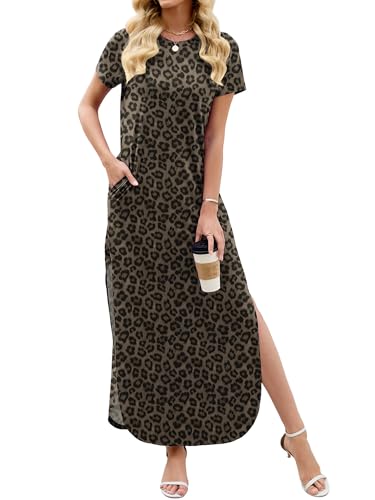 Image of Heymoments Womens Summer Maxi Dress Short Sleeve Casual Loose Long T Shirt Split Vacation Beach Sundress with Pockets