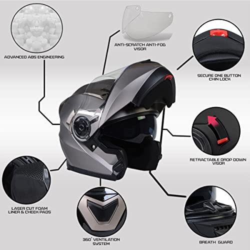 Milwaukee Helmets Mph9808Dot 'Ionized' Silver Advanced Motorcycle Modular Helmet For Men And Women Biker W/ Drop Down Visor - Large #TOP1