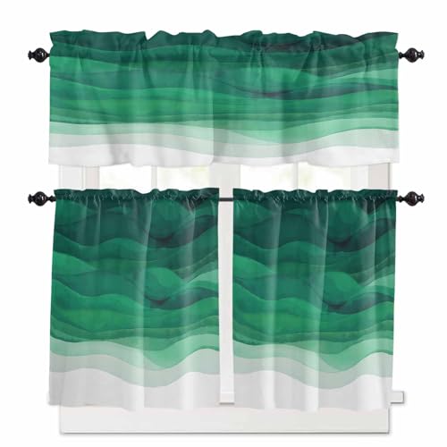 Sage Green Waves Kitchen Curtains 24 Inch Length, 3 Piece Rod Pocket Small Half Tiers and Valance Set, Ombre Coastal Ocean Water Abstract Small Large Window Treatment Decor for Bedroom/Bathroom Sink