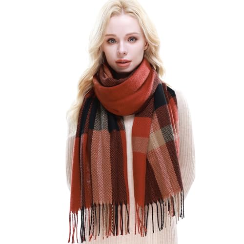 RIIQIICHY Plaid Scarf for Women Fall Winter Pashmina Scarves Wraps for Cold Weather Warm Large Rust/Black/Beige