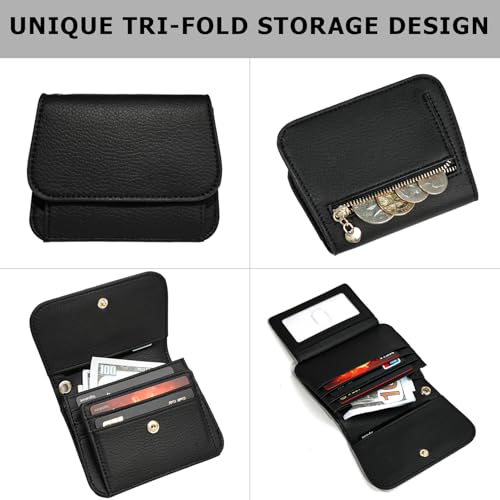 Image of Women Small Wallet RFID Blocking Slim Wallet with Coin Pocket Tri-Fold Credit Card Holder with ID Window and Keychain (Black)