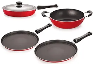 Nirlon Heavy Gauge Aluminium Non-Stick Set of Kitchenware Utensils with Bakelite Handle, Red and Black Color