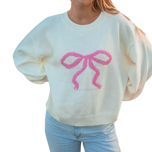 Image of Women Y2K Fall Sweater Cute Bow Print Long Sleeve Cable Knit Pullover Casual Oversized Jumpers for Women