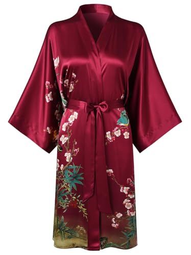 Image of Women's Silk Kimono Robe Short Bathrobe Nightgown 100% Mulberry Silk for Women - Classic Floral Pattern