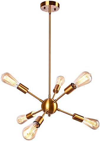 OYIPROSputnik Chandelier Pendant Lamp Fixture 6-Light Adjustable Height 4x25cm Rod Brass for Flat Sloped Ceiling Bedroom Living Dining Room Kitchen Lighting