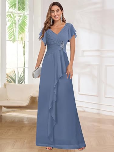 Chiffon Short Sleeve Mother of The Bride Dresses with Ruffles V Neck Beaded Pleated Wedding Guest Dress2