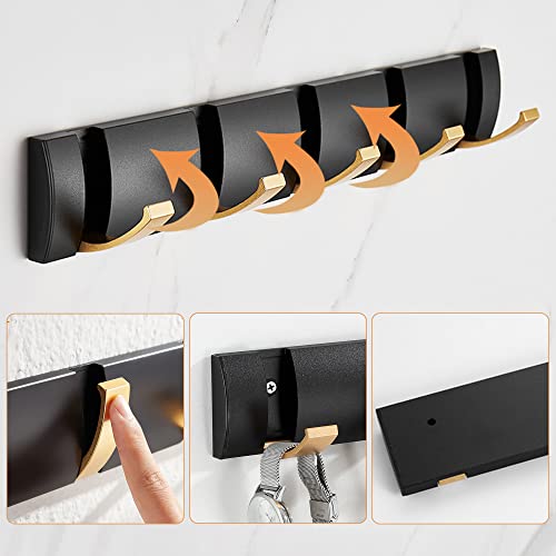 Dmymat Coat Rack Wall Mounted With 5 Folding Hooks, 15.8 Inch Space Saving Wall Coat Hook, Black Gold Towel Hooks For Bathroom, Bedroom, Entryway, Hats, Scarves, Umbrella And Keys #TOP6