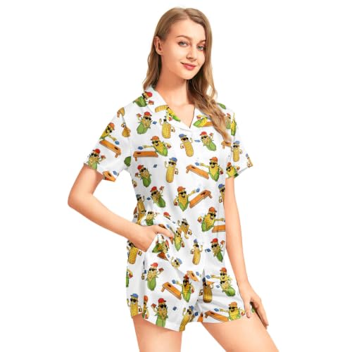 Image of Funny Satin Pajamas Set for Women Button Down Sleepwear Print Pjs Set 2 Piece Short Sleeve Loungewear Gift for Women