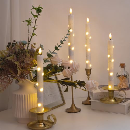 Image of Flameless LED Taper Candles Flickering with Remote for Romantic Decorations,Battery Operated Candles Arounded with Starlight String, Festival Wedding Home Decoration, Pack of 6, White