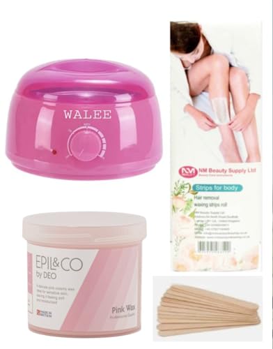 Walee Professional Wax Heater, Plastic Wax Warmer Heater, Pot Wax Epil & Co Pink Wax Pot, Wooden Spatulas, NM Beauty Wax Strips (100)