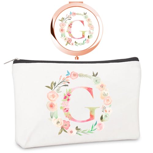 Personalized Gift Initial Compact Mirror Makeup Bag Set (G +Bag, ROSE GOLD)