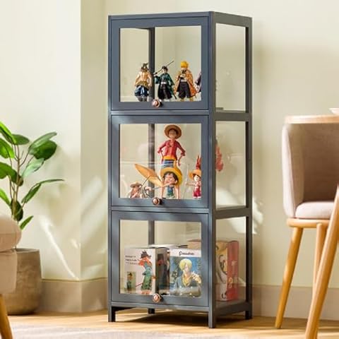 TrueyEssence 3 Tiers Acrylic Display Case, Display Cabinet for Collectibles Storage Cabinet with Flip-up Doors Bamboo Frame Shelf Floor Standing Showcase for Living Room Office Cover