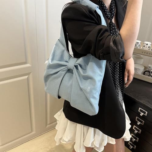 Denim Tote Bag with Bow Detail, Large Capacity Messenger Bag Canvas Jean Crossbody Bag Lightweight Shoulder Bag for Women2