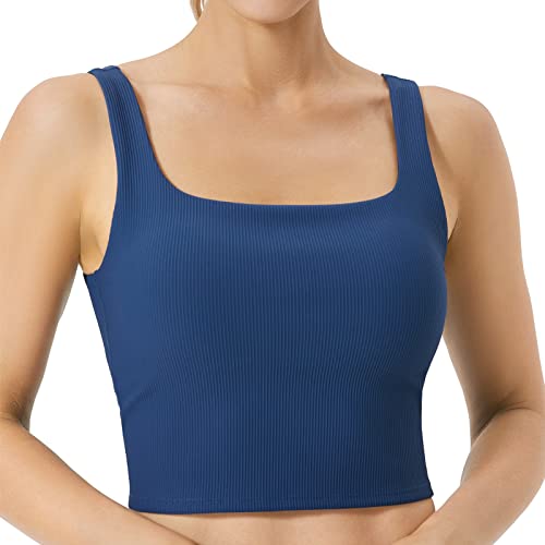 Fittin Women's Longline Sports Bra - Ribbed Tank Top Built In Bra Workout Camisole Crop Tops - Square Neck Fitness Tank Top - Yoga Sports Tank For Women #TOP23