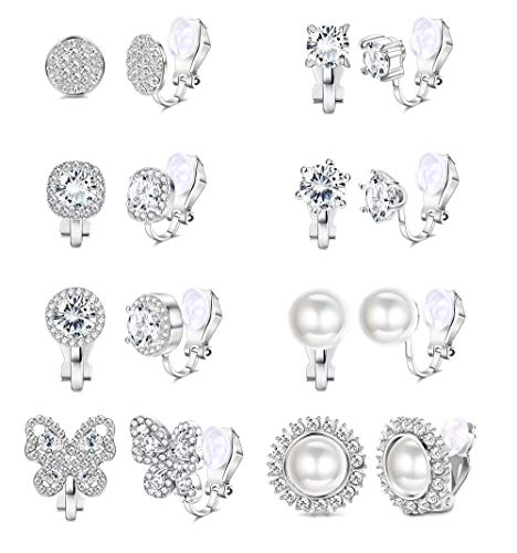 SAILIMUE 8 Pairs Cubic Zirconia Clip on Earrings for Women Non Piercing Silver Faux Pearl CZ Butterfly Earrings Hypoallergenic Non Pierced Clip on Earrings Set