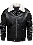 HOOD CREW Men’s Faux Leather Aviator Bomber Jacket with Fur Collar Warm Fleece Lined Biker Jackets Vintage Winter Coats Black XXL