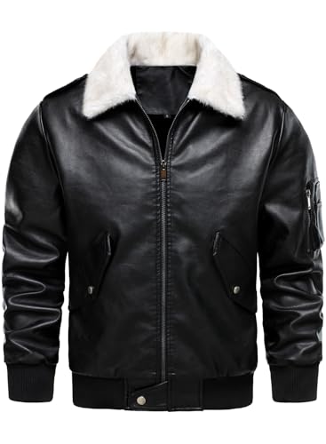 HOOD CREW Men’s Faux Leather Aviator Bomber Jacket with Fur Collar Warm Fleece Lined Biker Jackets Vintage Winter Coats Black L