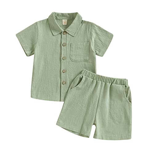 Himllauen Infant Baby Boys Summer Outfits Toddler Short Sleeve Button Down Lapel Shirt + Shorts Set 2 Pcs Newborn Casual Clothes (Green B, 6-12 Months)