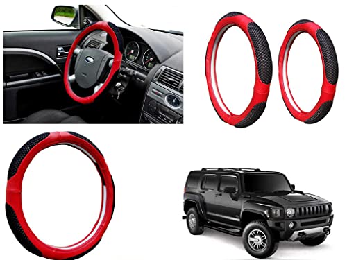 Image of Microfiber Car Steering Wheel Cover, Soft Padding Great Hand Feel, Anti-Slip, Faux Leather Steering Cover for Hummer H3 | Black Red Jali - Pack of 1