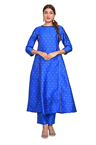 Image of Riara Art Silk Women Long Anarkali Kurti with Pant Polka Dot A-line Ladies Ethnic Wear Dress