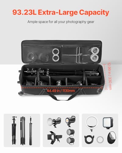 Image of VEVOR Studio Equipment Trolley Case, 46.46 x 14.57 x 11.81 in / 118 x 37 x 30 cm, Rolling Camera Bag, Carrying Bag with Wheels Straps Padded Compartment Handle, for Light Stands, Tripods, Telescopes