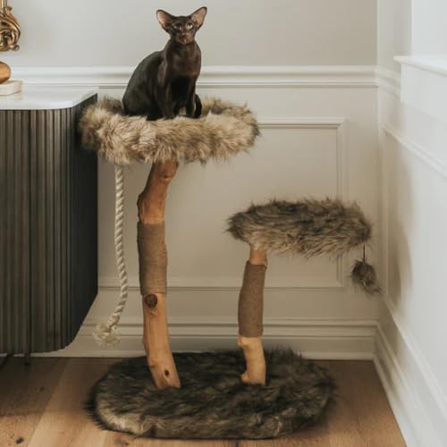 Image of Mau - Modern Wood Cat Tree Tower, Real Branch Scratching Post, Cat Condo