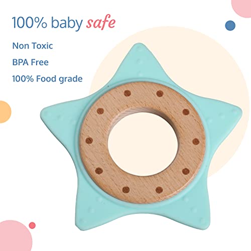 LuvLap Baby Silicone Lightweight Teether with Natural Beech Wood Inner Ring for Infant, 100% Food Grade Silicone, Easy Grip, 3 Months+ (Light Green)