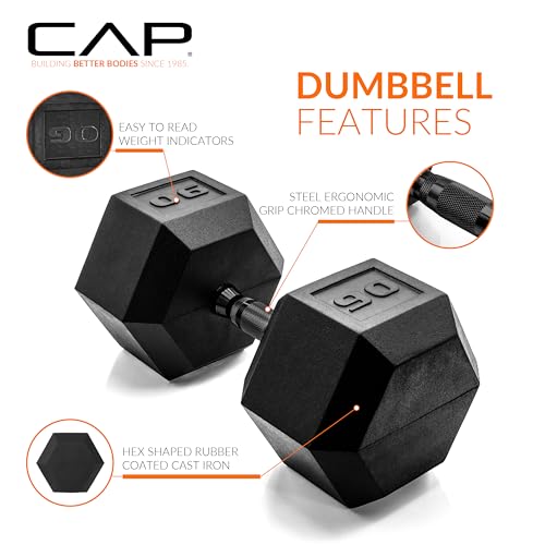 Image of CAP Rubber Coated Dumbbell Weights, Free Weights for Home Gym Strength Training, Anti-Roll Hex Dumbbells with Black, Chrome & Comfort Grip Handles, Singles