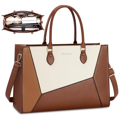 RAINSMORE Laptop Tote Bag for Women 15.6 Inch Waterproof Work Bag Briefcase Large Teacher Bag Handbag Professional Business Office Shoulder Bag Crossbody Purse,Brown & White