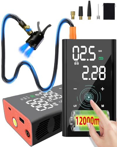 yanace 12000mAh Inflador Ruedas Coche- Velocidad 4X, 150PSI Mini Compresor Aire Portatil Bateria, Inflador Electrico Bicicleta para Válvula Schrader/Presta/Dunlop, 10Bar Hinchador Ruedas Moto/Bici/SUV