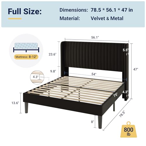 Image of Allewie Full Size Velvet Bed Frame /Vertical Channel Tufted Wingback Headboard /Upholstered Platform Bed /Strong Wooden Slats /No Box Spring Needed /Easy Assembly /Black