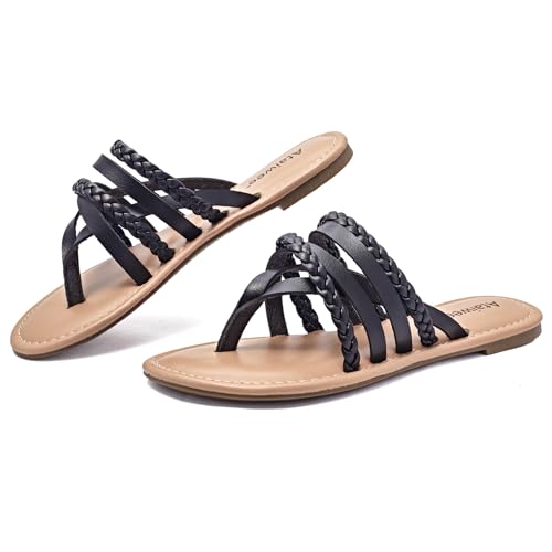 Image of Ataiwee Women's Flat Slide Sandals - Comfortable Open Toe Design,Casual Slip-On with Ankle Strap,Hook-and-Loop Closure Summer Sandals.