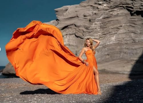 Orange Long Satin Corset Flying Dress for Photoshoot | Long Train Infinity Gown | Convertible Corset Maxi Dress for Engagement, Maternity, Wedding, Beach, Santorini, Evening Events Orange2