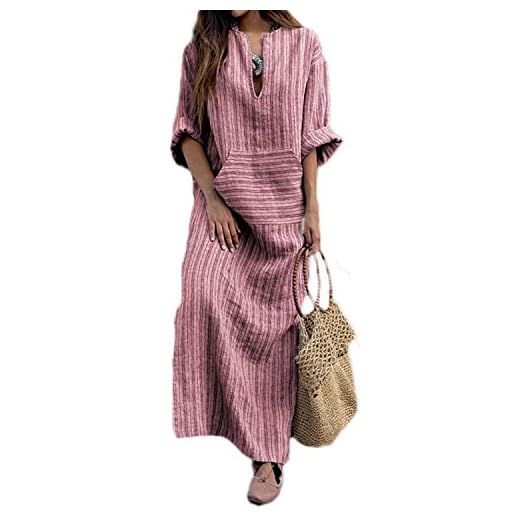 VONDA Maxi Klänning för kvinnor 3/4 ärmar Randig Lång Klänning Baggy Bomull Kaftan Festklänning A-Röd XXL