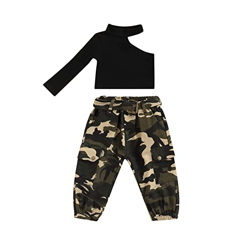 Toddler Girl 2T 3T 4T 5T 6T 7T Outfits Off Shoulder Halter Neck Top Shirt Camouflage Pants W Belt Spring Fall Clothes For Baby Girls (Black, 5-6 Years) #TOP9