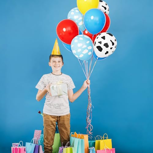 Image of 68Pcs Red Yellow Blue Toy Balloons 12 Inch Light Blue Cloud Cow Print Balloons for Baby's Birthday Story and Football Party Themed Decorations.