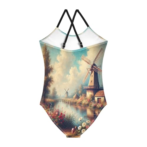 Flower Field Town Girls Swimsuit Bathing Suit Swimsuits One Piece Summer Beach Swimwear2