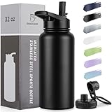 DOMICARE 32 oz Insulated Water Bottle, Vacuum Insulated Stainless Steel Sports Water Bottle with Straw Lid & Spout Lid, Leakproof, Reusable - Travel, Camping, Bike, Black