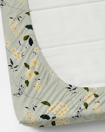 Image of 380 TC Premium Glace Cotton Elastic Fitted Bedsheet King Size with 2 Pillow Covers King Size | Double Bed with All Around Elastic (Green Floral, Fitted - 72 inchx78 inch King)