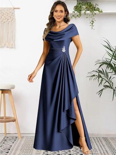 Satin Mother of The Bride Dresses for Women Long Cape Sleeve A Line Formal Dress for Wedding4