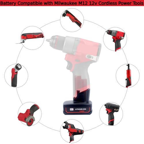 Tulepowceeng 2 Pack 12V 6.0Ah Replacement Battery Compatible with Milwaukee M12 12v Cordless Power Tools, Replacement for M12 12v Battery 48-11-2420 48-11-2412 48-11-2440 48-11-2460 - Thumbnail 2